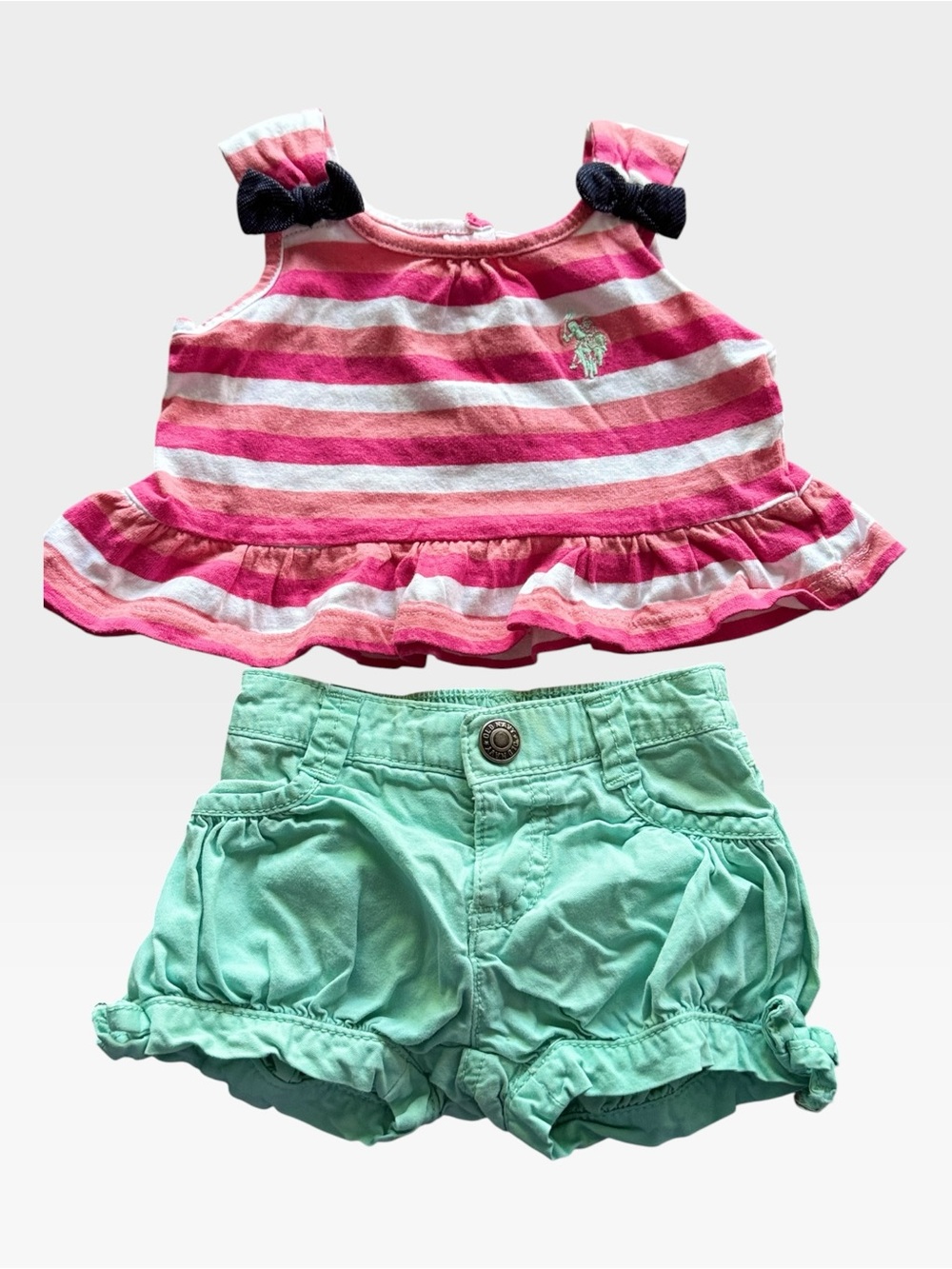 NWOT U.S. Polo Assn Baby Girl 2pc Matching Set Pink Tank Mint Shorts 3-6M